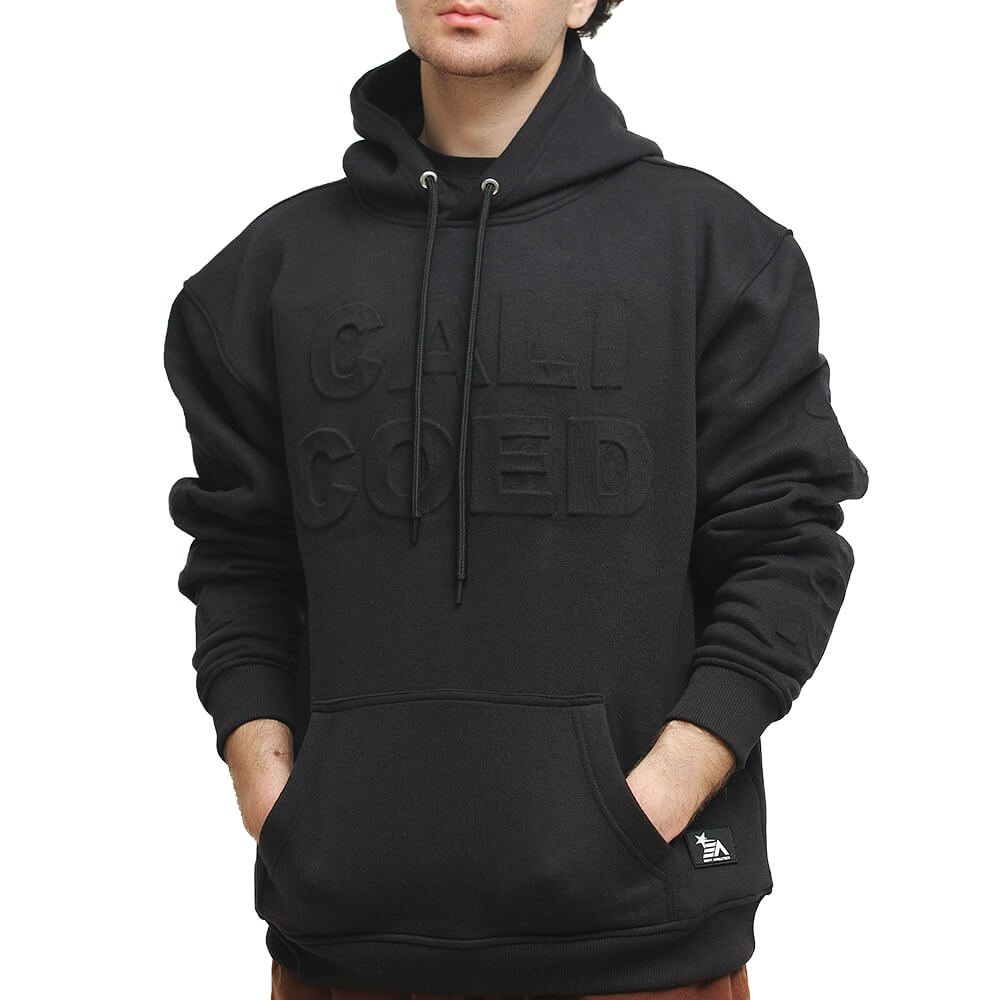 black embossed hoodie front with kangaroo pockets
